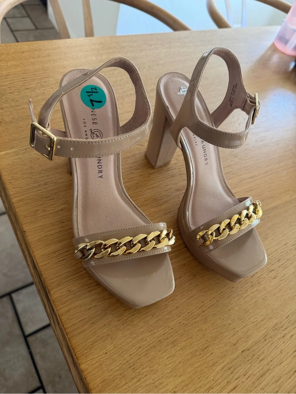 Nude Patent Platform Sandal with Gold Chain